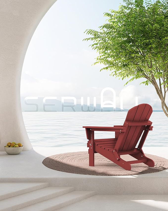 SERWALL Folding Adirondack Chair Set of 6 Weather Resistant for Patio - Red