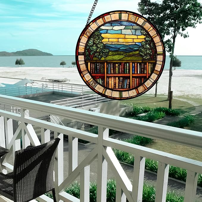 QZQCBLC Stained Glass Window Hanging Retro Books Scenery Large 11.8" - Abstract Suncatcher Door Garden Sun Catcher Home Decor Birthday Christmas for Mom Men Woman Nana Friend Wife
