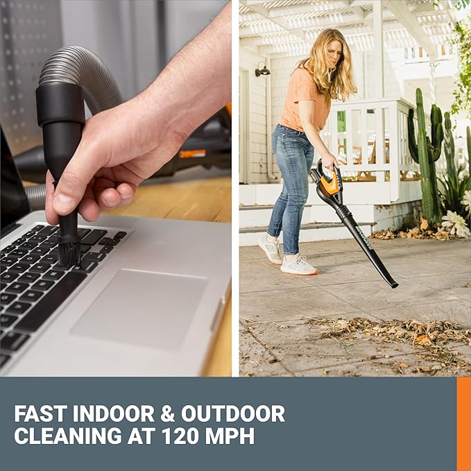 WORX Cordless Leaf Blower, Electric Blowers for Lawn Care with 120 MPH & 3.5 LBS, Long Nozzle Design for Narrow Spaces with Cleaning Attachments, Battery & Charger Included, WG545.1