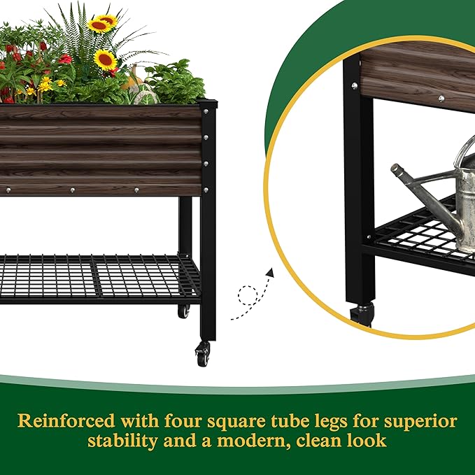 48" W x 24" D x 34" H Galvanized Raised Garden Bed with Lockable Wheels, Raised Garden Beds Outdoor with Drainage Gaps & Shelf, Planter Boxes Outdoor for Backyard, Patio, Balcony, Rustic