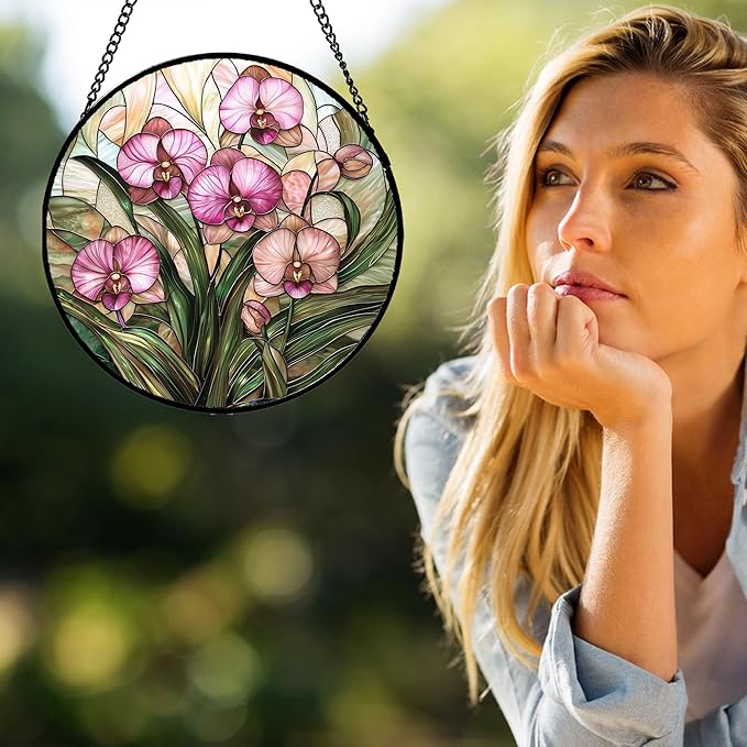 AMDERVEN Stained Glass Window Hanging - Pink Phalaenopsis Orchid Green Leaves Sun Catcher for Door Home Decor Flower Suncatcher Christmas Mother's Day Birthday Gifts for Women Men Mom Nana 11.8 in