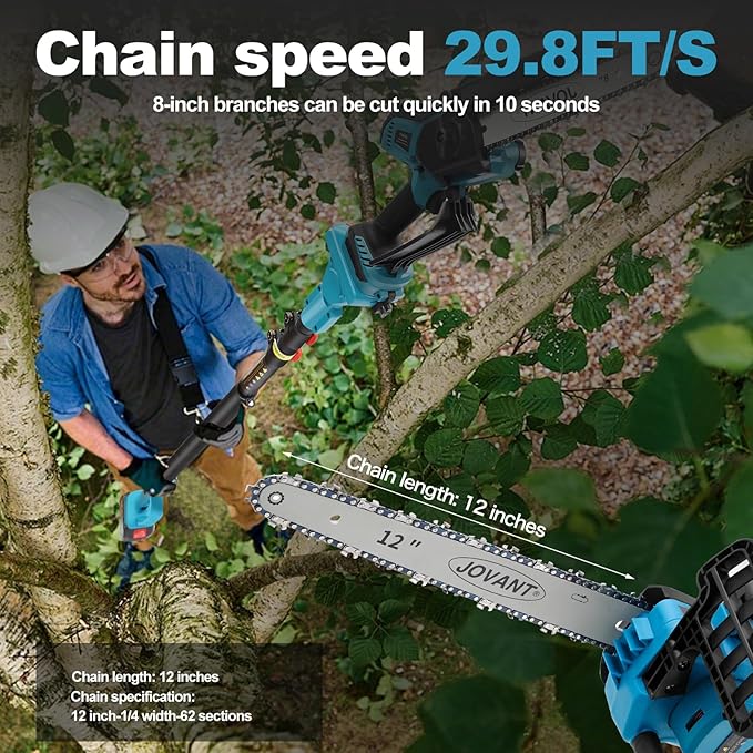 Jovant 2-IN-1 Cordless 12 Inch Pole saw & Mini Chainsaw, 1* Max 20V 6Ah Battery, 15ft Max Reach, Electric Pole Saws for Tree Trimming, Branch Cutting