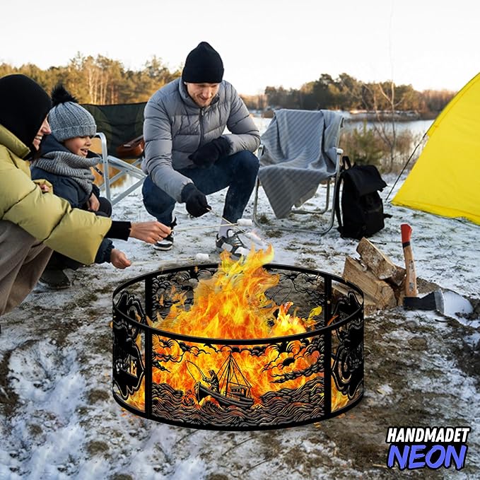 Personalized Fire Pit Ring 360 Degree, Outdoor Fireplace, Custom Text Fire Pits for Outside, Patio Firepit, Camping Bonfire Firepits, Garden BBQ Backyard Decor (Fishing Boat)