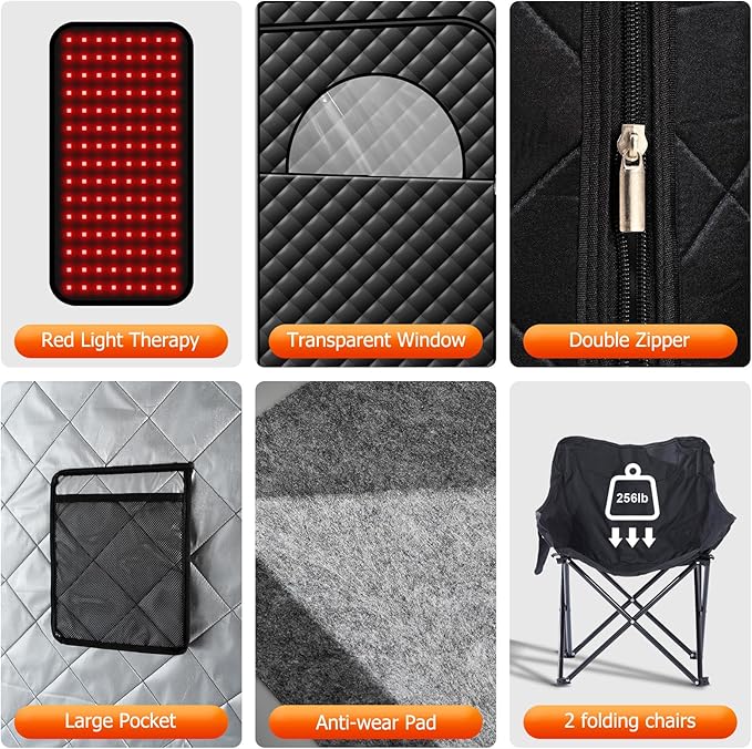 Portable Infrared Steam Sauna with 660nm Red Light Therapy, 2 Person Infrared Saunas Tent with 4L Steamer, 2 Large Folding Chair, Full Size Indoor Home Spa for Relaxatiom & Detox