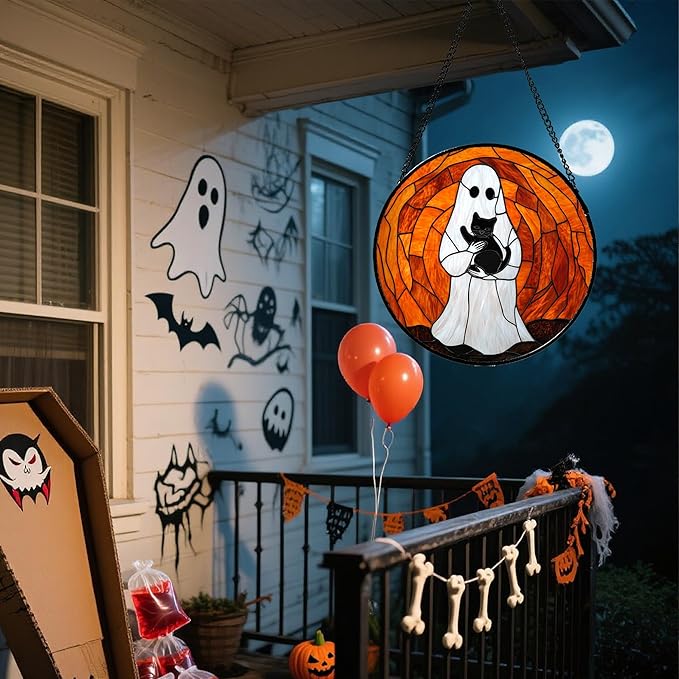 CRISGIF Stained Glass Window Hanging - Halloween Cute White Ghost Black Cat Suncatcher for Doors Garden Home Spooky Orange Sun Catchers Gothic Decor Horror Gift for Women Men Friend Boy Girl 6.3 in