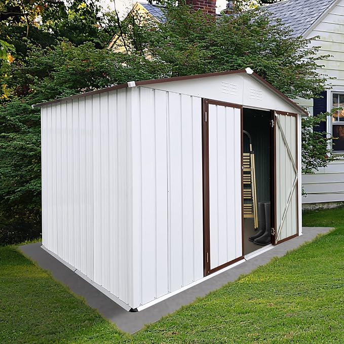 Favfurish 10x8 FT Metal Garden Sheds with Hinged Door and Padlock & Punched Vents,Aluminum Outdoor Storage Shed w/Eco-Friendly Painting,for Bike, Barbeque,Tool,White+Coffee