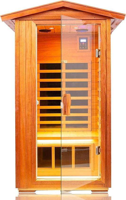 LTCCDSS Ultra-Low EMF Sauna Outdoor Mahogany 1 Person, Far Infrared Sauna, EMF Average 0.5 mG Reading, Withstand Outdoor Temp -10℉-149℉| -Chromotherapy-Bluetooth Speakers