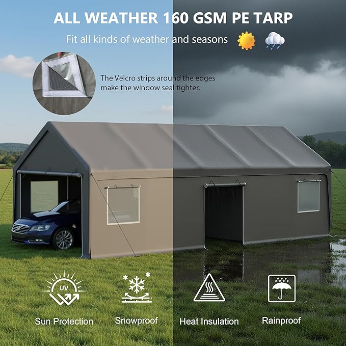 13x26 FT Canopy with 2 Roll-Up Doors,Waterproof Party Tent w/Steel Frame & Ventilation Windows,Carport & Storage Shelter for Vehicle,Car,Grey