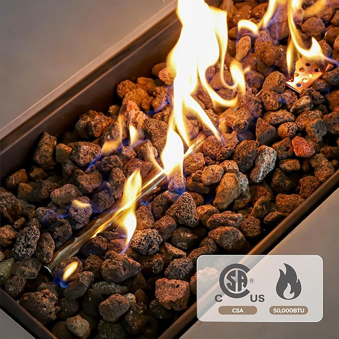 60-inch Outdoor Propane Fire Pit Coffee Table with Tank Cover, 50,000 BTU Concrete Rectangle Modern Outside Fire Table, Auto-Ignition, Included Lava Rocks, Metal Lid & Waterproof Cover