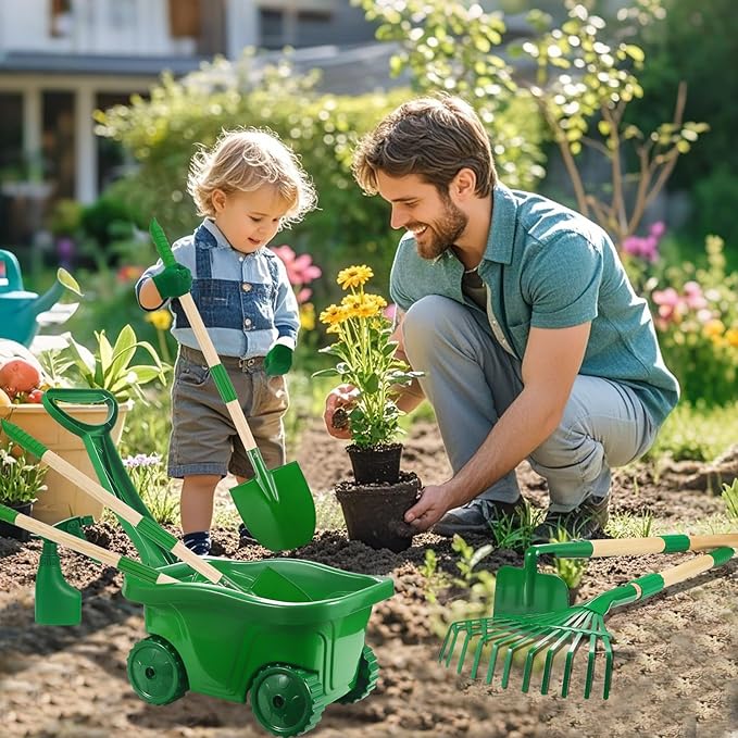 Duckura Kids Gardening Tools Set - 10pcs Wheelbarrow Set for Kids with Shovel, Rake, Leaf Rake, Summer Outdoor Yard Digging Weed Toys, Valentine's Birthday Gifts for Boys Girls Age 2 3+ Years(Green)