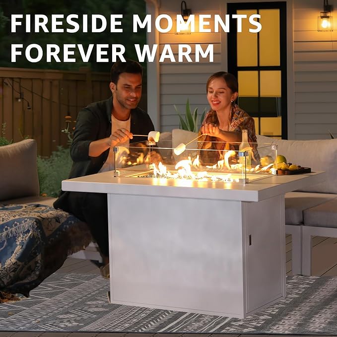 BULEXYARD 43" Aluminum Outdoor Propane Fire Pit Table, 60,000 BTU Rectangular Firepit Coffee Table with Wind Guard & Glass Stone, Large CSA Safety Approved Fireplace for Backyard Deck Garden, White