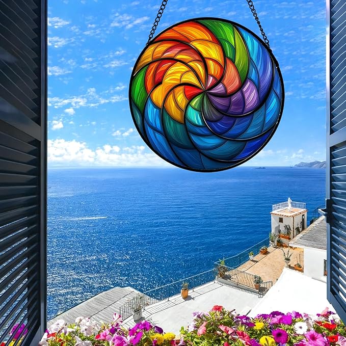 QZQCBLC Stained Glass Window Hanging Rainbow Colored Abstract Vortex Large 15" - Suncatcher Door Garden Sun Catcher Home Decor Birthday Christmas for Woman Nana Friend Men