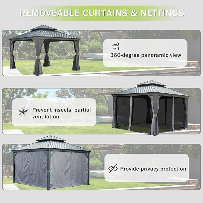 Domi 12x12FT Outdoor Gazebo, Hardtop Gazebo with Galvanized Steel Double Roof, Metal Gazebos with Drainage System Patio Pergola for Patio Deck Backyard,Curtain and Netting,Gray