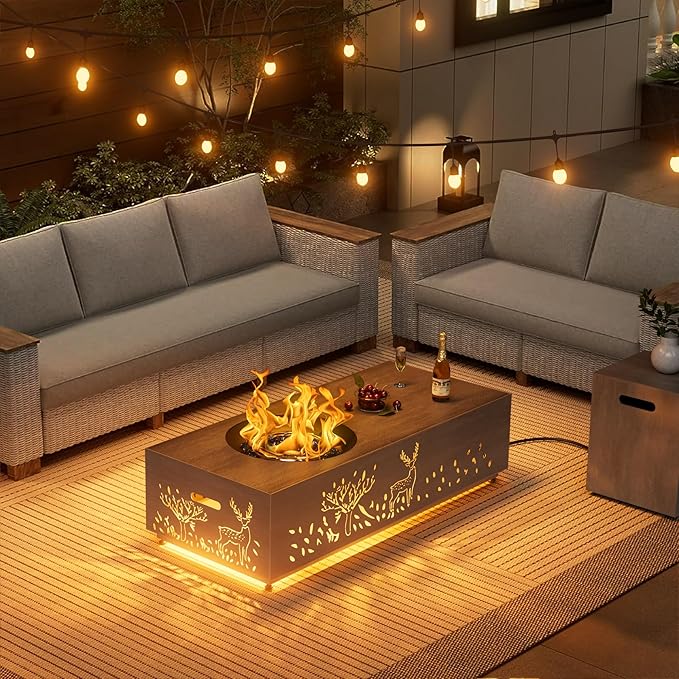 48" Round Burner Propane Fire Pit Table with LED Light – 50,000 BTU Fire Pit Table with Lid, Rocks, Cover and Tank Storage - Modern Outdoor Large Fire Table (Grey/Deer Cutout, 48" LED)