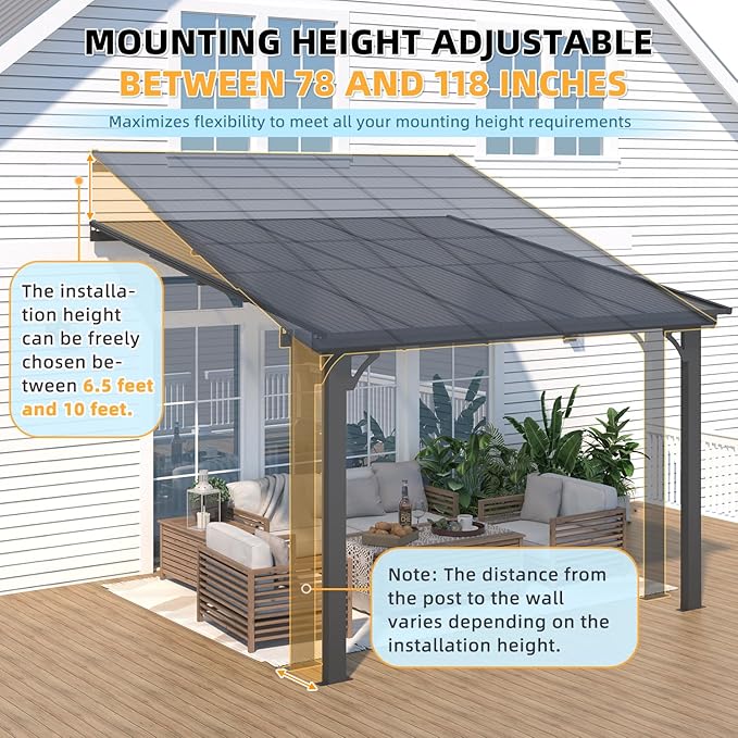 AECOJOY 10' x 10' Adjustable Height Outdoor Gazebo Pergola for Patio, Large Wall-Mounted 8.1-9.8 Ft Hard Top Lean to Metal Heavy Duty Metal Awnings Shelter Pergolas and Gazebos Clearance with Roof