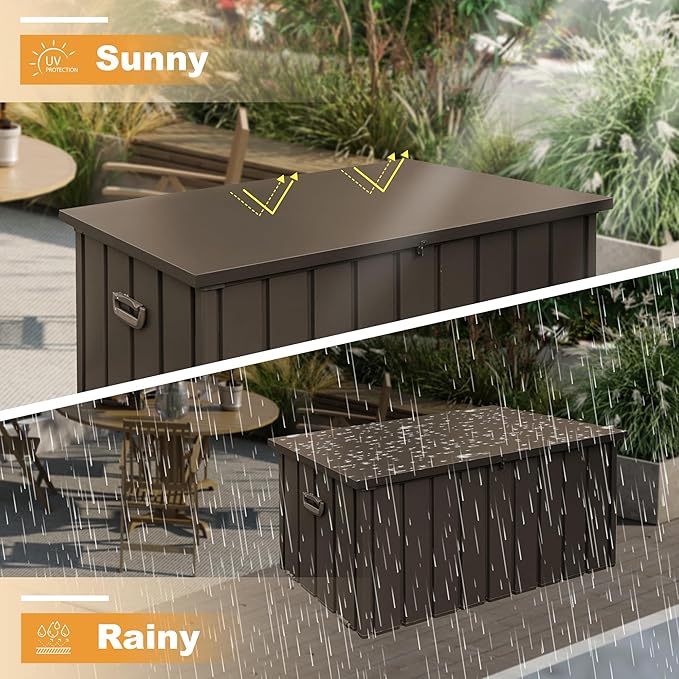 Domi 100 Gallon Deck Box, Outdoor Metal Lockable Storage Cabinet, Waterproof Steel Outdoor Bench with Lockable Lid, Side Handles & Rolling Casters for Outside Cushions, Pillows, Garden Tools, Brown