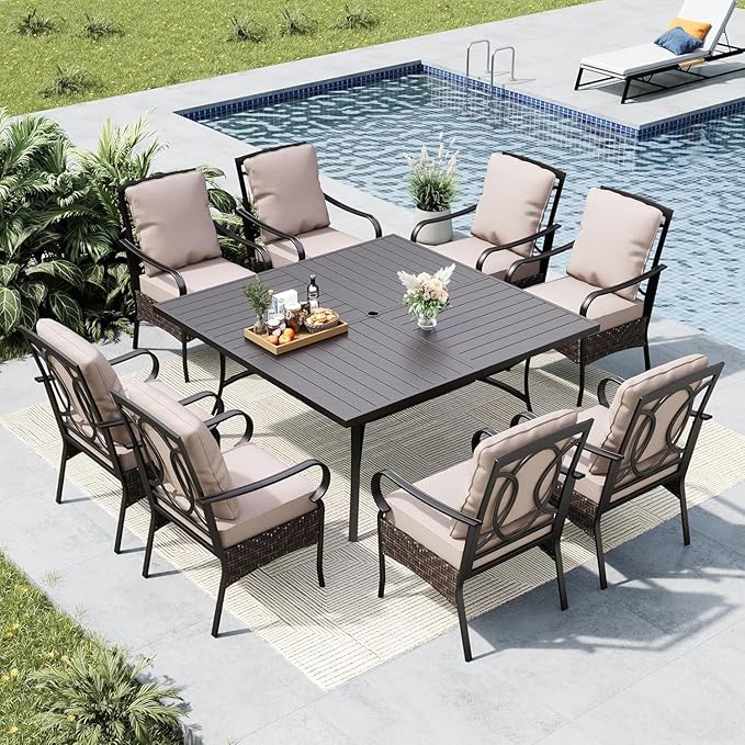 MFSTUDIO Patio Outdoor Chairs Set of 8, Metal Wicker Dining Chairs with Thick Cushions and Armrests, Oversided Outdoor Furniture Chairs for Dining Table, 300lbs