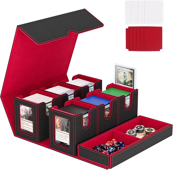 Card Deck Box for MTG with Commander Display, 7 In 1 Card Storage Box Fits 600+ Double-sleeved Cards, Removable MTG Deck Case Fit for TCG/Sports/Baseball Cards with Dice Tray
