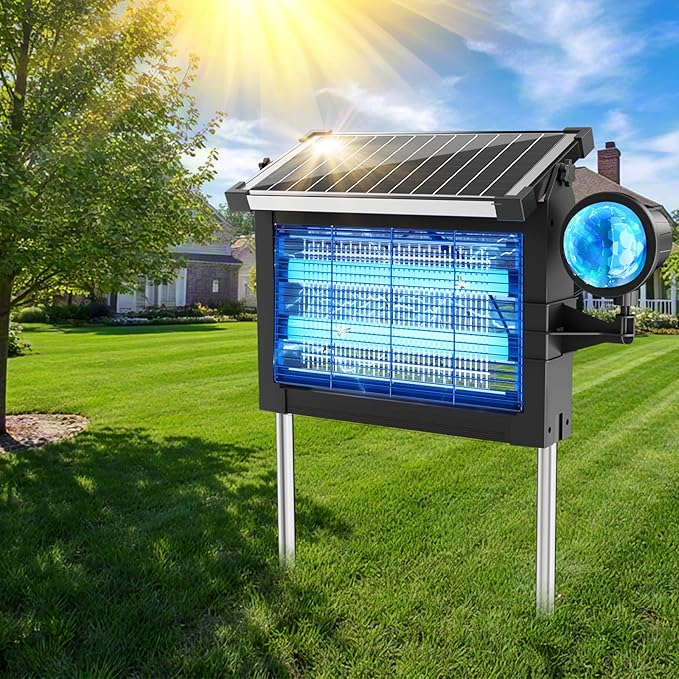 Solar Bug Zapper Outdoor with Projector Lights, Mosquito Zapper Waterproof Electric Fly Zapper Rechargeable with 10W Solar Panel, 4500V Cordless Fly Trap for Backyard, Patio, Garden, Camping