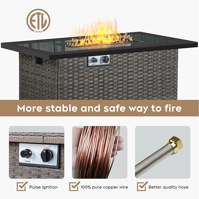 Brafab Fire Pit, 44" Outdoor Propane Gas Fire Pit Table with Hand Woven Rattan Pattern Tempered Glass Tabletop,50,000 BTU PE Rattan Patio Fire Pit Table with Blue Fire Glass,Lid,ETL Certification