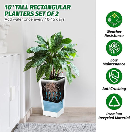 Garvee 16" Tall Planters Set of 4, Outdoor＆Indoor Black Planter Pots, High Front Porch Planter Pots with Drainage Holes＆Water Level Monitor＆Inner Bucket, White