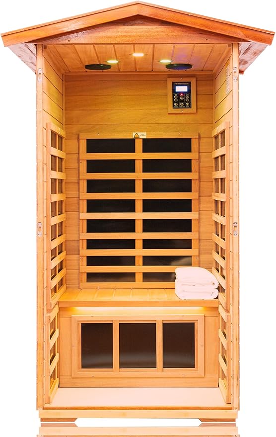LTCCDSS Mahogany Outdoor Sauna 1 Person, Ultra-Low EMF Far Infrared Sauna for Home, Chromotherapy, Bluetooth Speaker