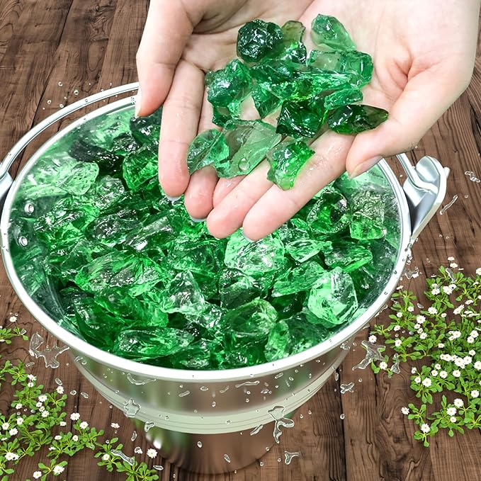 GRISUN Emerald Green Fire Glass for Fire Pit, 10 Pounds 1/2 Inch Tempered Glass Rocks for Natural or Propane Fireplace, Safe for Outdoors and Indoors Firepit Glass