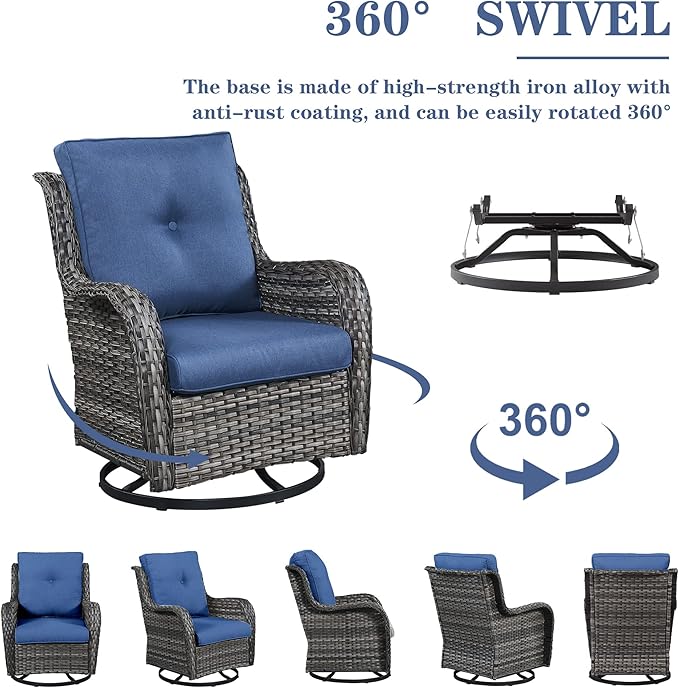 Belord Outdoor Sectional Furniture Sofa Set with Propane Fire Pit Table, Wicker Patio Conversation Set with 2 Swivel Rocker Glider Chairs Blue Cushion Perfect for Backyard Casual Gathering