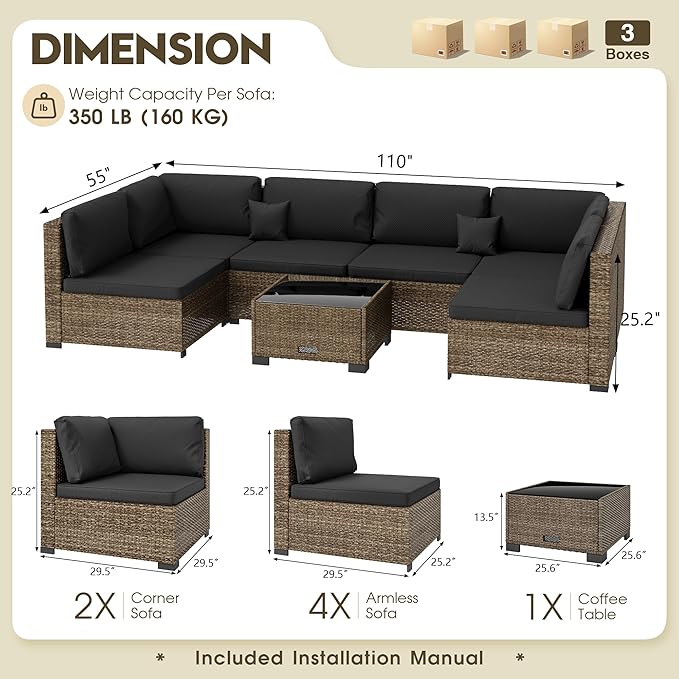 7 Piece Patio Sectional Furniture Set Outdoor Furniture Patio Conversation Sets & Patio Sectional - Hand-Woven Wicker Outdoor Sectional Black Cushions Glass Table