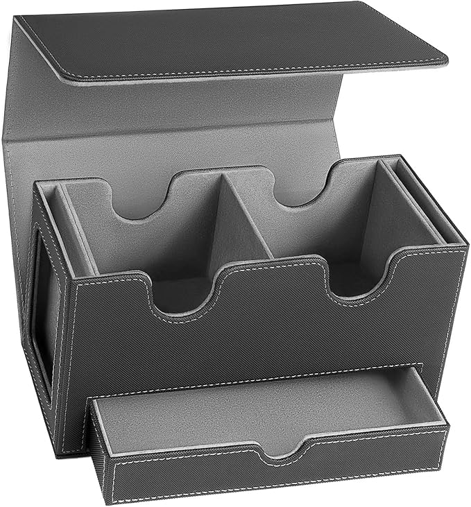MTG Deck Box with 2 Commander Display,Commder Deck Box Fits 310+ Cards，with Dice Tray,Leather Magnetic,Fits for TCG CCG Magic Cards (Black Gray)