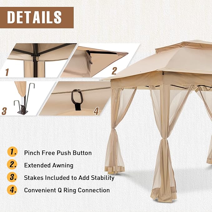 INTER HUT 11x11 Outdoor Pop up Gazebo Tent with Mesh Walls for Patio, Lawn, Backyard and Deck, Khaki