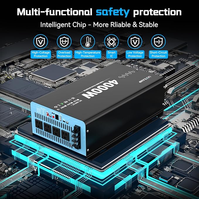 New 24V 4000 Watts Pure Sine Wave Inverter, 24V DC to 110V AC Power Inverter with 4 AC Outlets, USB Port, Type-C Port for Truck, Vehicle, Power Outage, Remote Control with LCD Screen