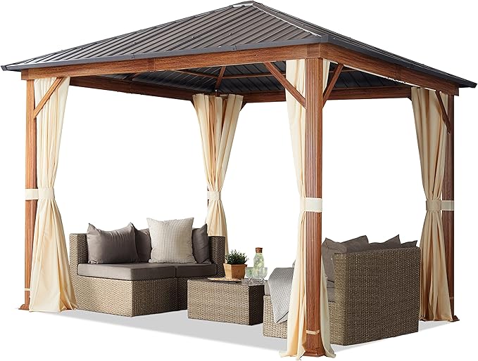 TOOLPORT Hardtop Gazebo 10x10 ft - Wood-Effect Finish - Steel Roof - 4 Side Panels in Champagne