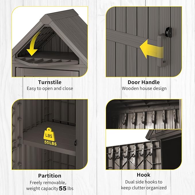 Fancyango Outdoor Resin Storage Shed, Upgrade Sturdy Storage Cabinet with Removable Shelves and Lock Ring, Reinforced Floor, All-Weather Construction for Garden Patio Lawn (Gray)