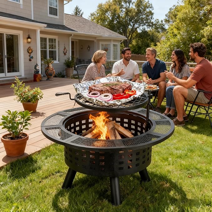 36 inch Outdoor Fire Pit with Grill,Wood Burning Firepits for Outside with Lid & Fire Poker,Metal 3-in-1 Fire Pit Table with Cooking Grate,Outdoor Fireplaces for Bonfire,Yard,BBQ（Jet Black）