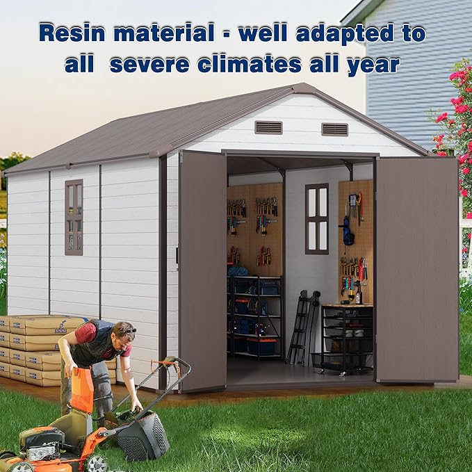 8x14 FT Resin Outdoor Storage Shed with Floor, Weather-Resistant Plastic Garden Shed with Windows, Lockable Door and Vents, Outside Tool Storage Sheds for Backyard, Garden, Lawn, Brown