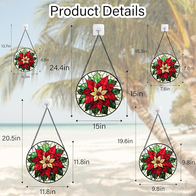 AMDERVEN Stained Glass Window Hanging - Red Poinsettia Birth Flower Sun Catcher for Door Garden Home Decor Suncatcher Christmas Mother's Day Birthday Gifts for Women Men Mom Girl Nana Friend 7.8 in