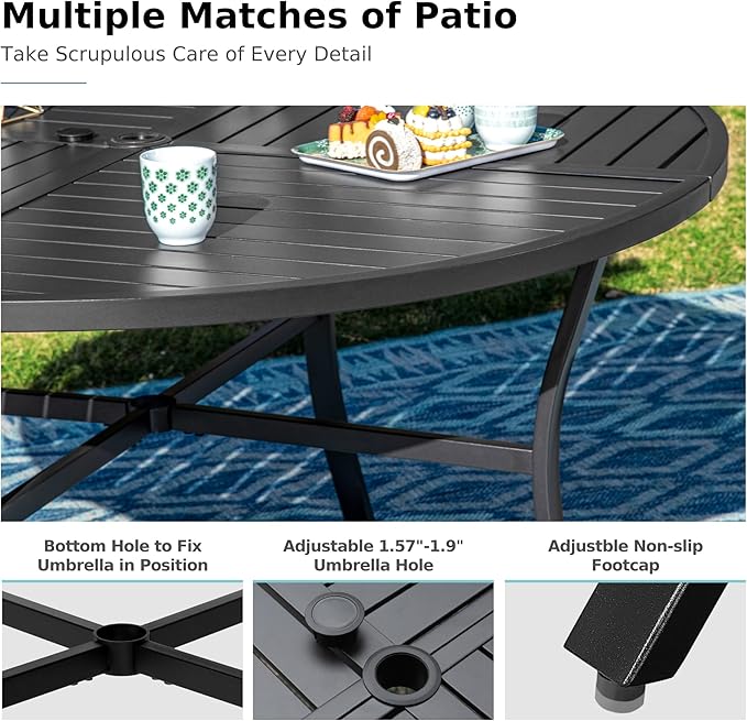 MFSTUDIO Outdoor Dining Set for 4，Round Patio Table and Chairs Set with Umbrella Hole, 5 Piece Patio Furniture Set for Deck, Backyard, Poolside & Garden