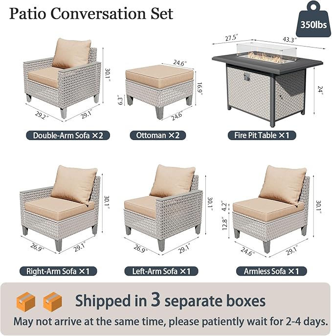Outdoor Patio Furniture Set with Rattan Fire Pit Table 8-Piece Modular Wicker Sectional Sofa with Ottomans and Thick Cushions, Modern Rattan Outdoor Conversation Couch, Khaki