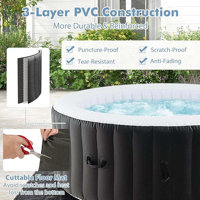 GYMAX Hot Tub, Inflatable Hot Tub with 130 Soothing Bubble Air Jets, Insulated Lockable Cover, Ground Mat & Filter Cartridges, Outdoor Blow Up Spa Tub for Backyard, Patio (Round, 4-6 Person)