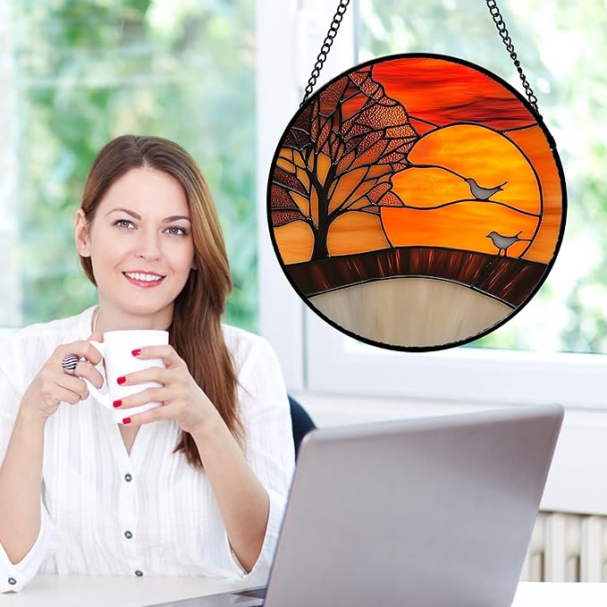 QZQCBLC Stained Glass Window Hanging Orange Sunset Landscape 7.8" - Maple Suncatcher Door Garden Sun Catcher Home Decor Birthday Christmas for Mom Men Woman Wife Friend
