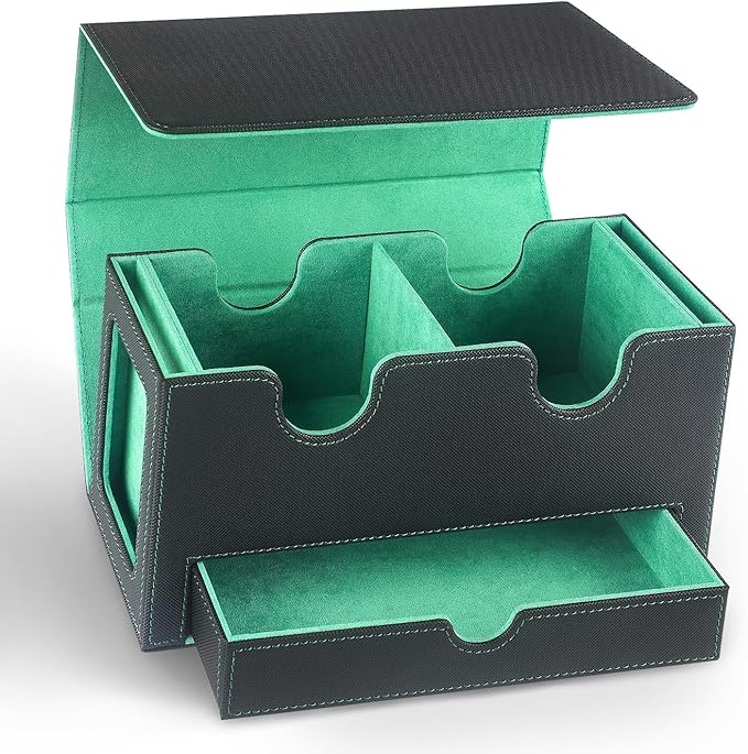 MTG Deck Box with 2 Commander Display,Commder Deck Box Fits 310+ Cards，with Dice Tray,Leather Magnetic,Fits for TCG CCG Magic Cards (Black Green)