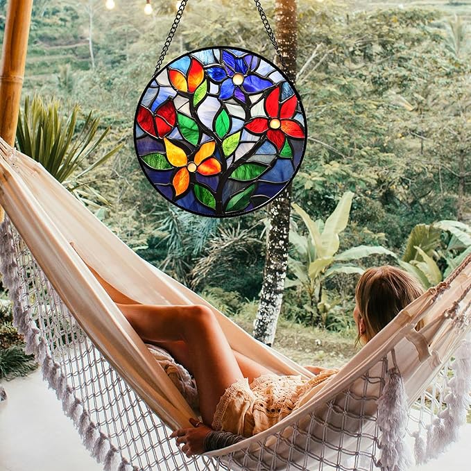 QZQCBLC Stained Glass Window Hanging Colorful Flowers and Leaves 6.3" - Suncatcher Door Garden Sun Catcher Home Decor Birthday Christmas Mother's Day for Mom Men Woman Nana Friend
