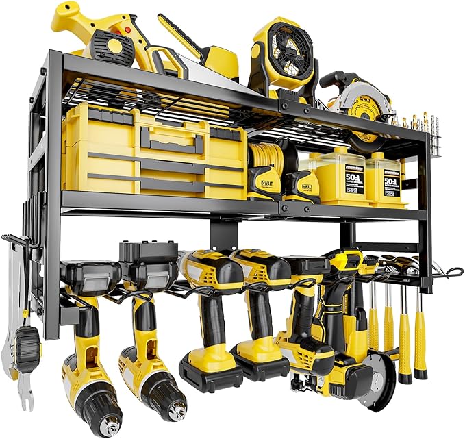Power Tool Organizer Wall Mount Heavy Duty 320 lbs, 3-Tier Rack with 9 Drill Holders & Battery Storage for Garage, Workshop & Tool Room，Gifts for Men Who Have Everything
