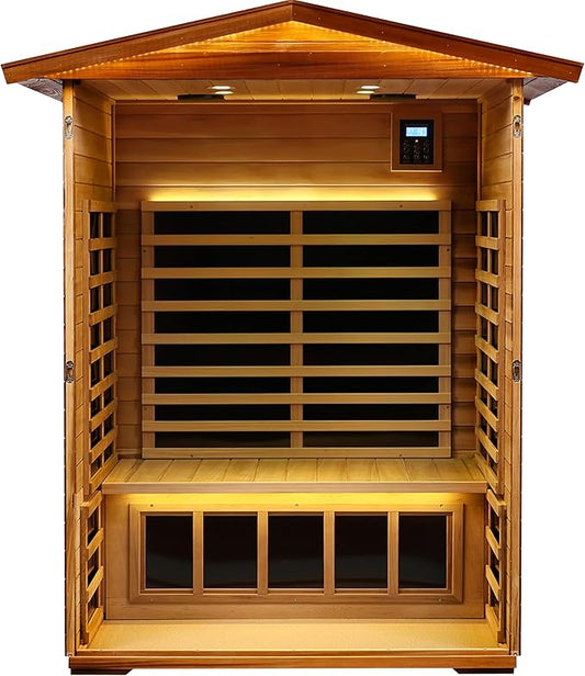 LTCCDSS Outdoor Red Cedar Sauna 2 Person Far Infrared Sauna, Withstand Outdoor Temp -10℉-149℉| Low EMF Sauna Room for Home-9 Low EMF Heaters-Chromotherapys-Bluetooth Speaker