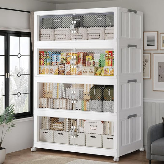 640QT Plastic Stackable Storage Bins with Lid, 160GAL Extra Large Collapsible Box with Wheels Clear Door, Foldable Closet Organizer Container Cabinet Drawer for Home Kitchen，4Pack, White