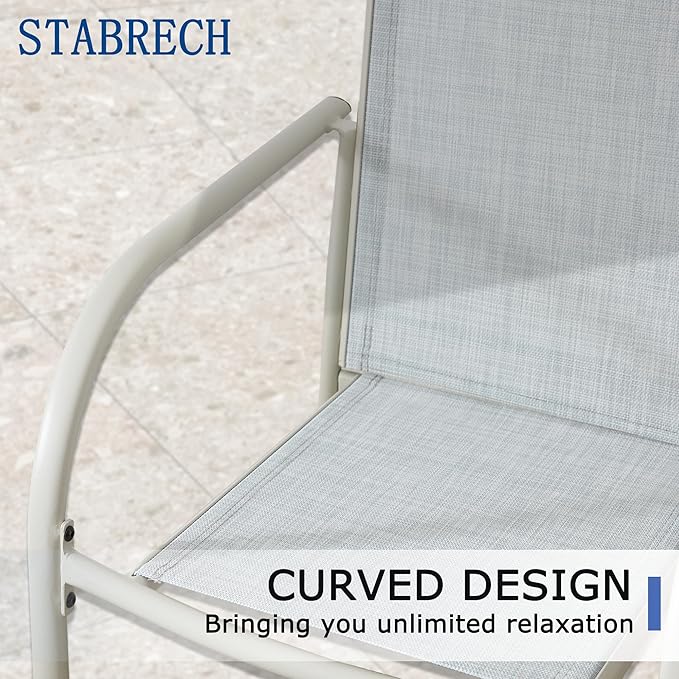 5 Pieces Patio Dining Set for 4, Beige Blue Patio Stackable Chairs and Black Round Table Set of 4, Outdoor Furniture Set with Sling Support for Outside, Garden
