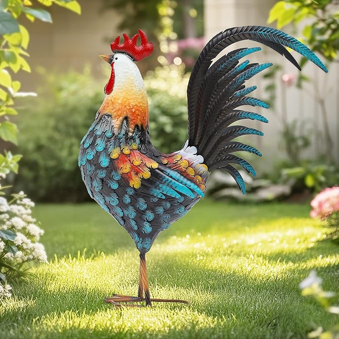 Ultym 32in Metal Rooster Decor, Outdoor Garden Statues, Metal Chicken Sculpture for Backyard Patio Garden Kitchen Décor