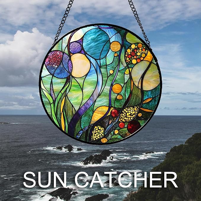 QZQCBLC Stained Glass Window Hanging Blue Ocean Water Plants Flower Large 15" - Suncatcher Door Garden Sun Catcher Home Decor Birthday Christmas for Mom Men Woman Nana Friend