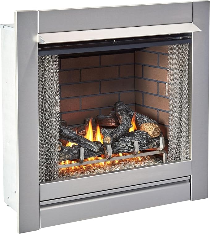Duluth Forge 24,000 BTU Vent Free Stainless Steel Outdoor Gas Fireplace Insert with Fire Glass Media and Log Set, Manual Control, Natural Gas, Assembled in The USA